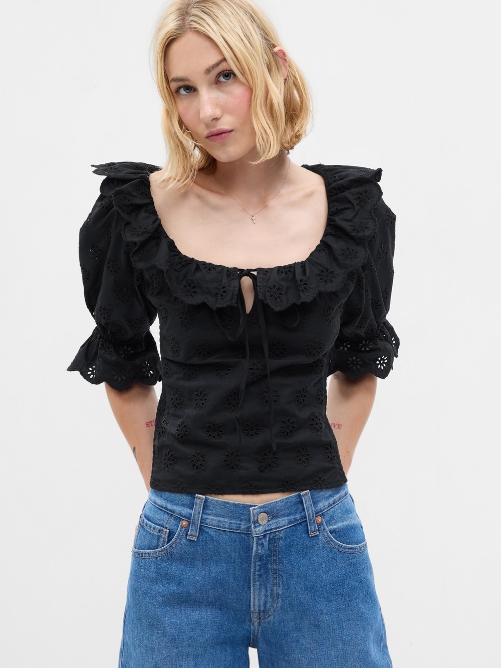 GAP Black Eyelet Ruffle Peasant Blouse